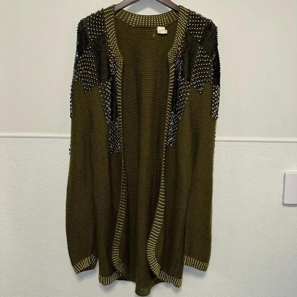 Women's Missing Tag Cardigan M Olive Green Gold Beaded Wool - Picture 14 of 16